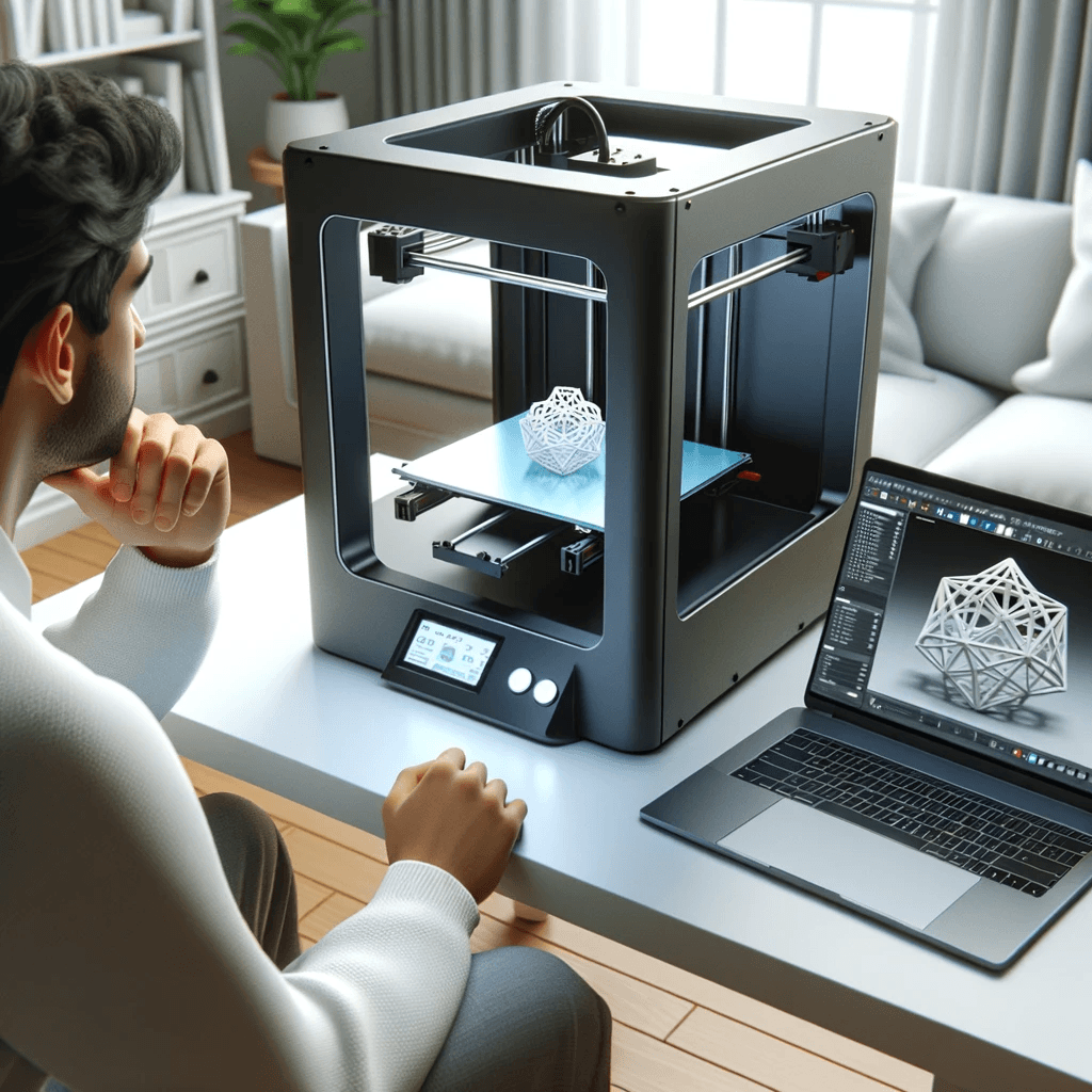 DALL·E 2023 10 17 17.23.10 Render of a desktop 3D printer in a home setting actively printing a small prototype. Beside it a laptop displays the design software with the 3D mo