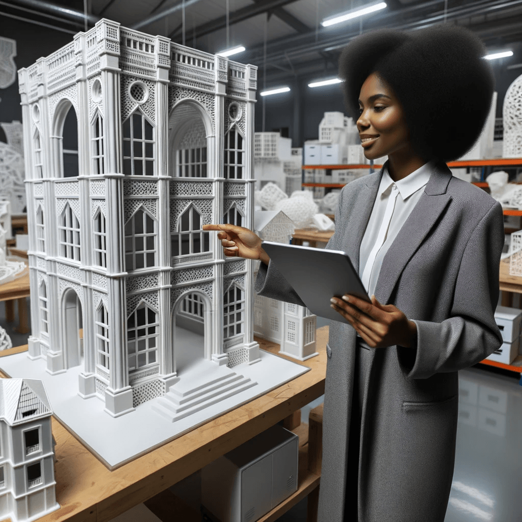 DALL·E 2023 10 17 17.25.10 Photo of a large 3D printed structure resembling a building facade. Next to it a female engineer of African descent is holding a digital tablet show