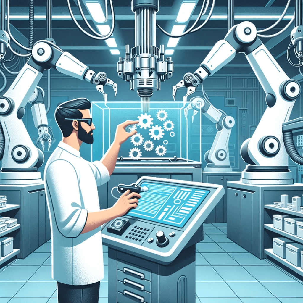 DALL·E 2023 10 17 17.25.37 Illustration of a futuristic 3D printing workshop. Robotic arms are actively printing complex components. A male technician of Hispanic descent is ope