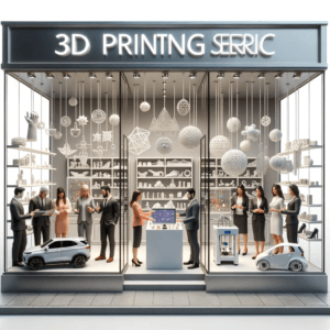 DALL·E 2023 10 17 17.25.47 Render of a 3D printing service storefront. The glass window displays various 3D printed objects from jewelry to miniature cars. Inside a diverse gr