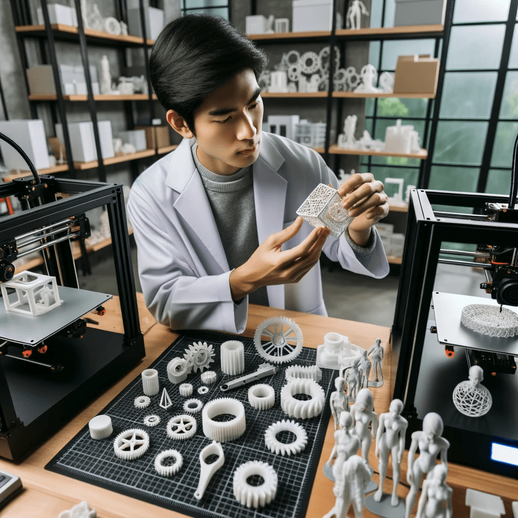 DALL·E 2023 10 17 17.25.04 Photo of a modern 3D printing lab with multiple 3D printers in operation. On the workbench are various prototypes of products from intricate gears to
